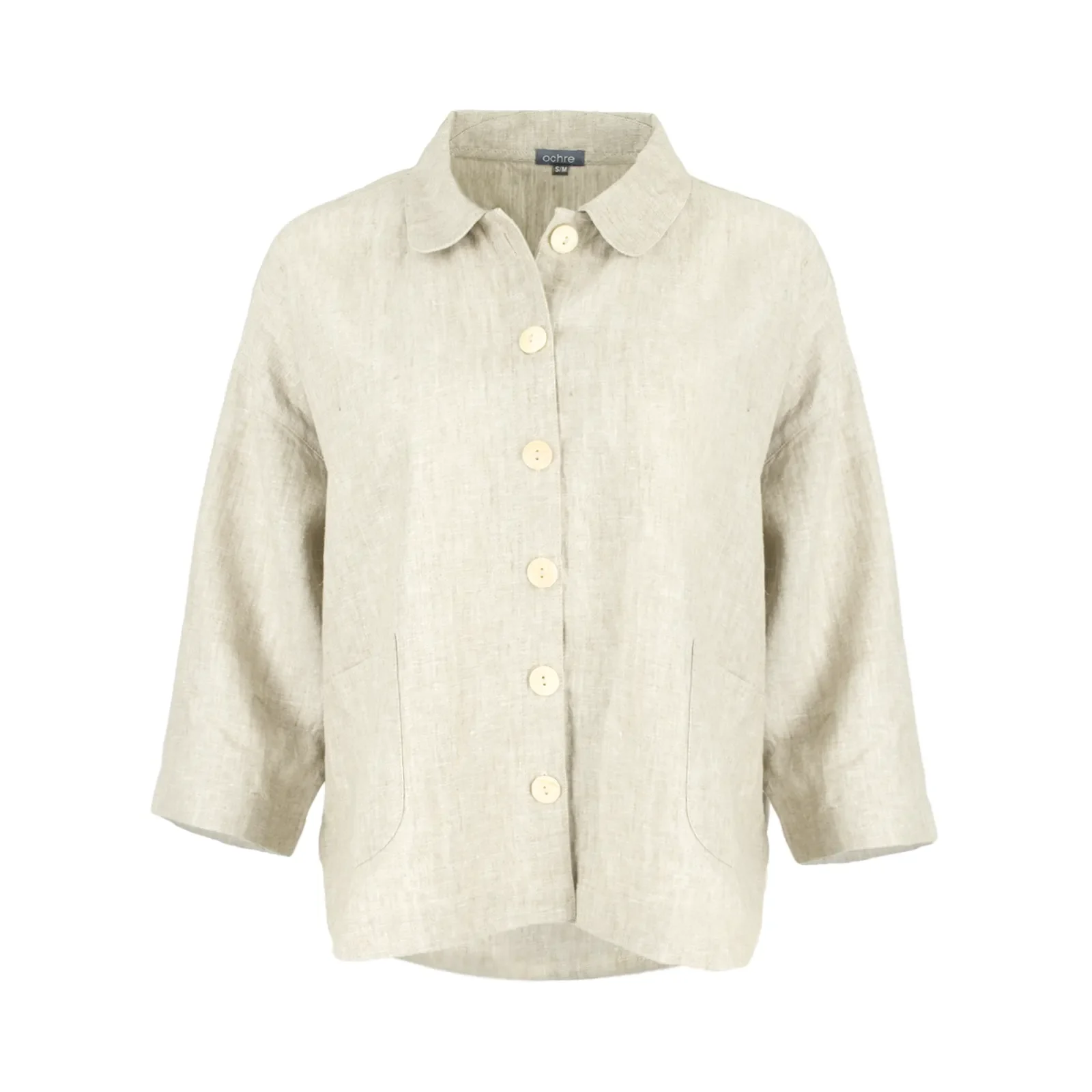 Iona-linen-shirt-jacket-natural-colour-front-view - Ochre Knitwear linen shirt jacket in 100% organic linen with six buttons, patch pockets, dropped shoulders and cropped boxy shape in natural colour, front view
