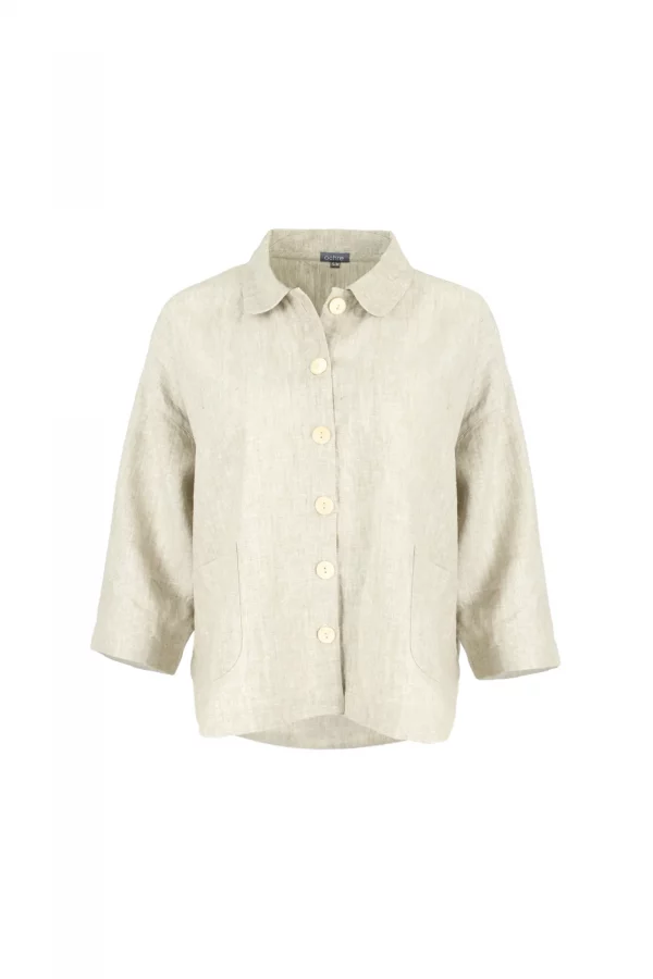Iona-linen-shirt-jacket-natural-colour-front-view - Ochre Knitwear linen shirt jacket in 100% organic linen with six buttons, patch pockets, dropped shoulders and cropped boxy shape in natural colour, front view