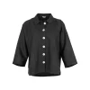 Iona-linen-shirt-jacket-black-colour - Ochre Knitwear linen shirt jacket in 100% organic linen with pale buttons, patch pockets, dropped shoulders and cropped boxy shape in black colour, front view