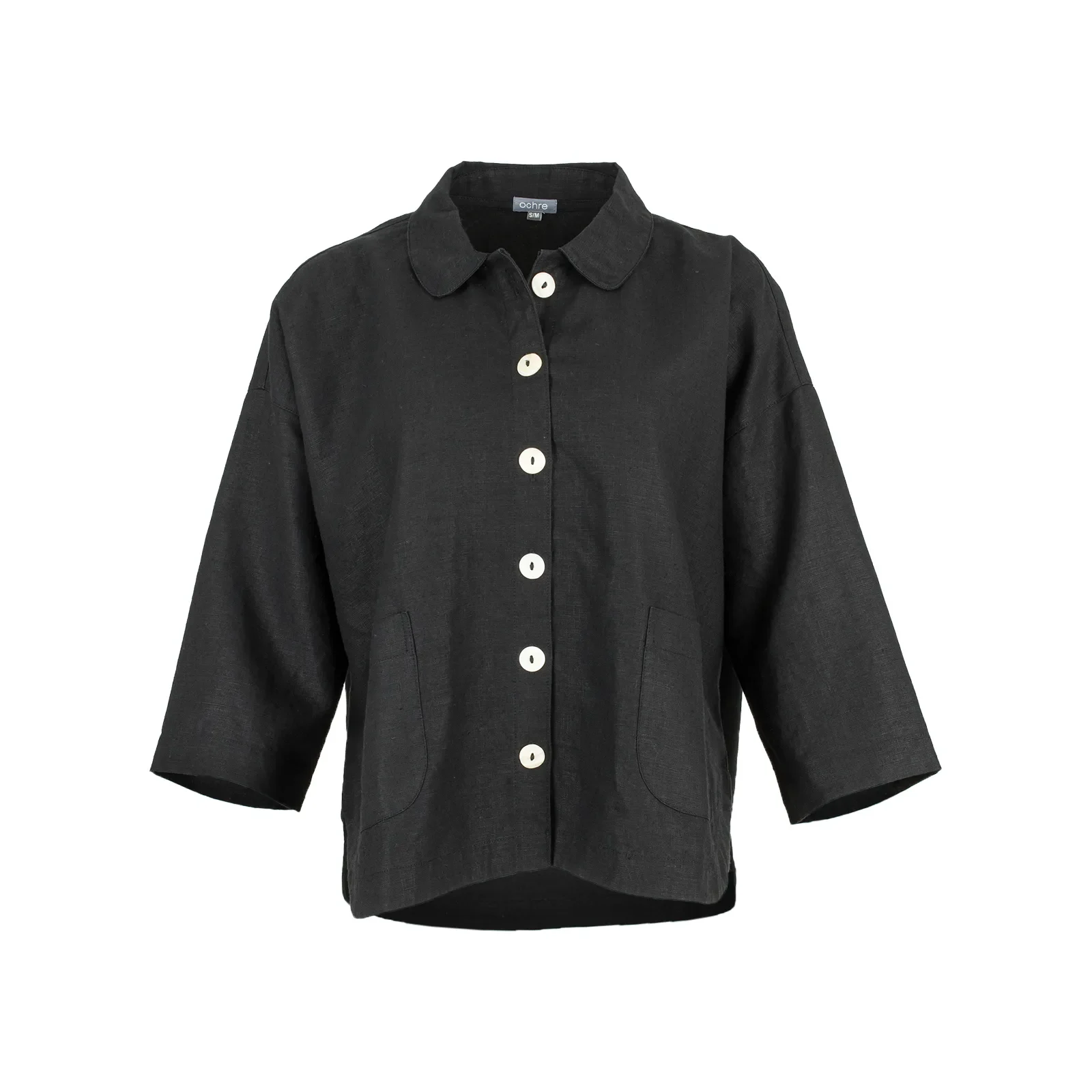 Iona-linen-shirt-jacket-black-colour - Ochre Knitwear linen shirt jacket in 100% organic linen with pale buttons, patch pockets, dropped shoulders and cropped boxy shape in black colour, front view
