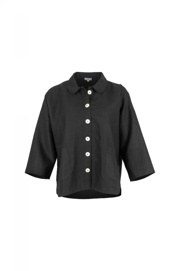 Iona-linen-shirt-jacket-black-colour - Ochre Knitwear linen shirt jacket in 100% organic linen with pale buttons, patch pockets, dropped shoulders and cropped boxy shape in black colour, front view