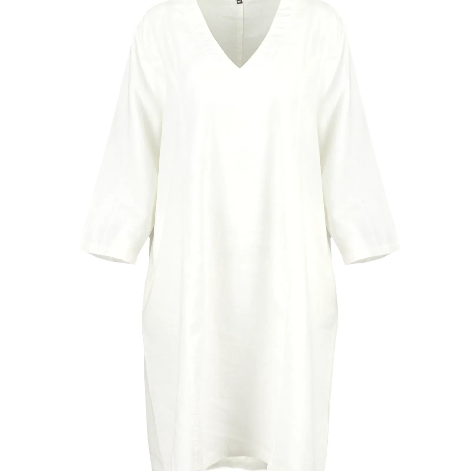 Jane-linen-tunic-dress-ivory-front - Ochre Knitwear linen tunic dress in ivory organic linen with V-neckline, three-quarter sleeves and relaxed longline shape, front view