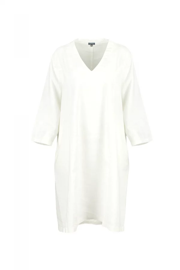 Jane-linen-tunic-dress-ivory-front - Ochre Knitwear linen tunic dress in ivory organic linen with V-neckline, three-quarter sleeves and relaxed longline shape, front view