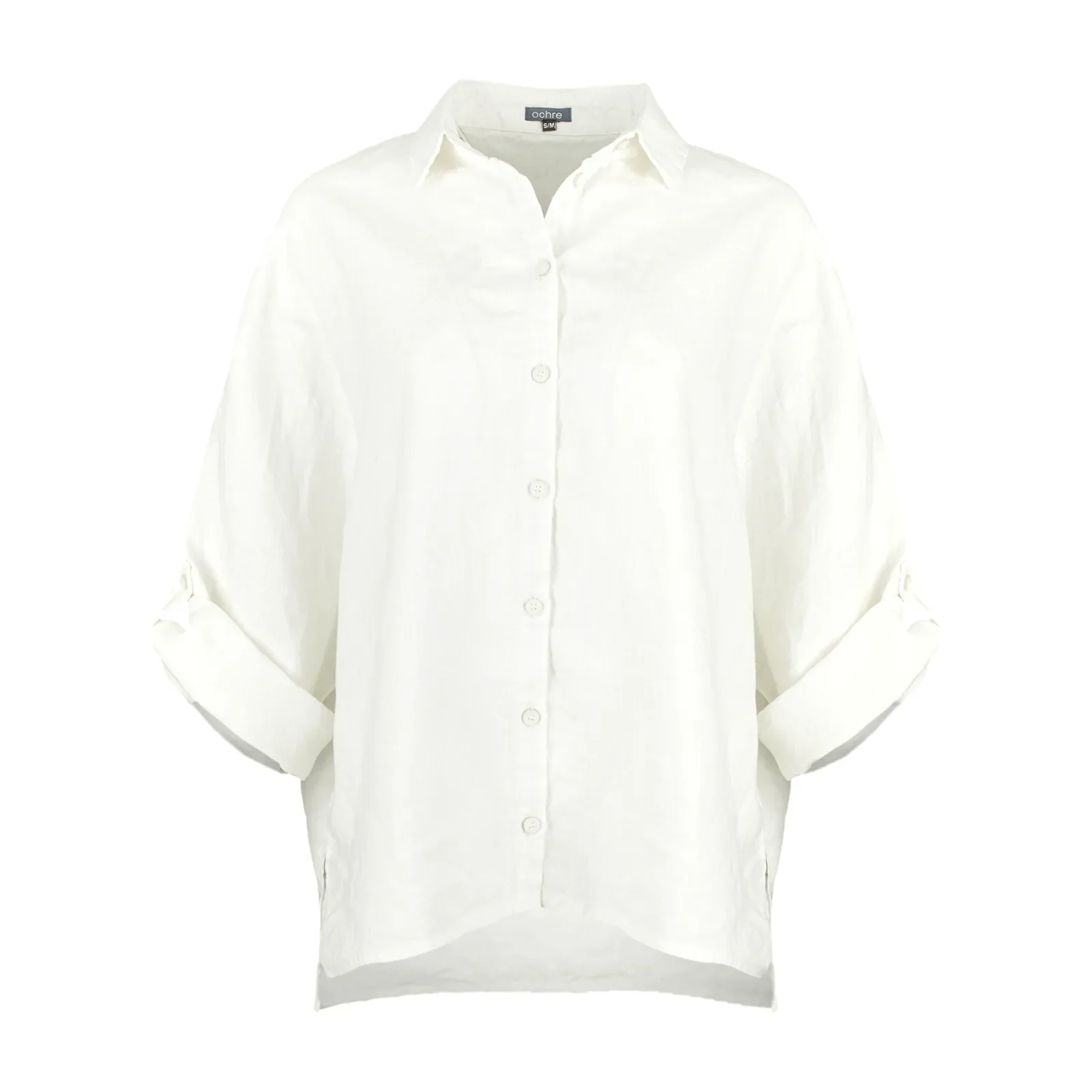 Linda-linen-shirt-ivory-front-view - Ochre Knitwear linen shirt in ivory colour, organic linen with button front, collar and long sleeves