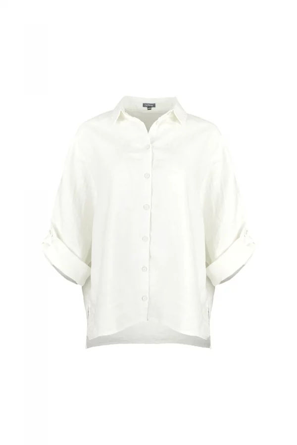 Linda-linen-shirt-ivory-front-view - Ochre Knitwear linen shirt in ivory colour, organic linen with button front, collar and long sleeves