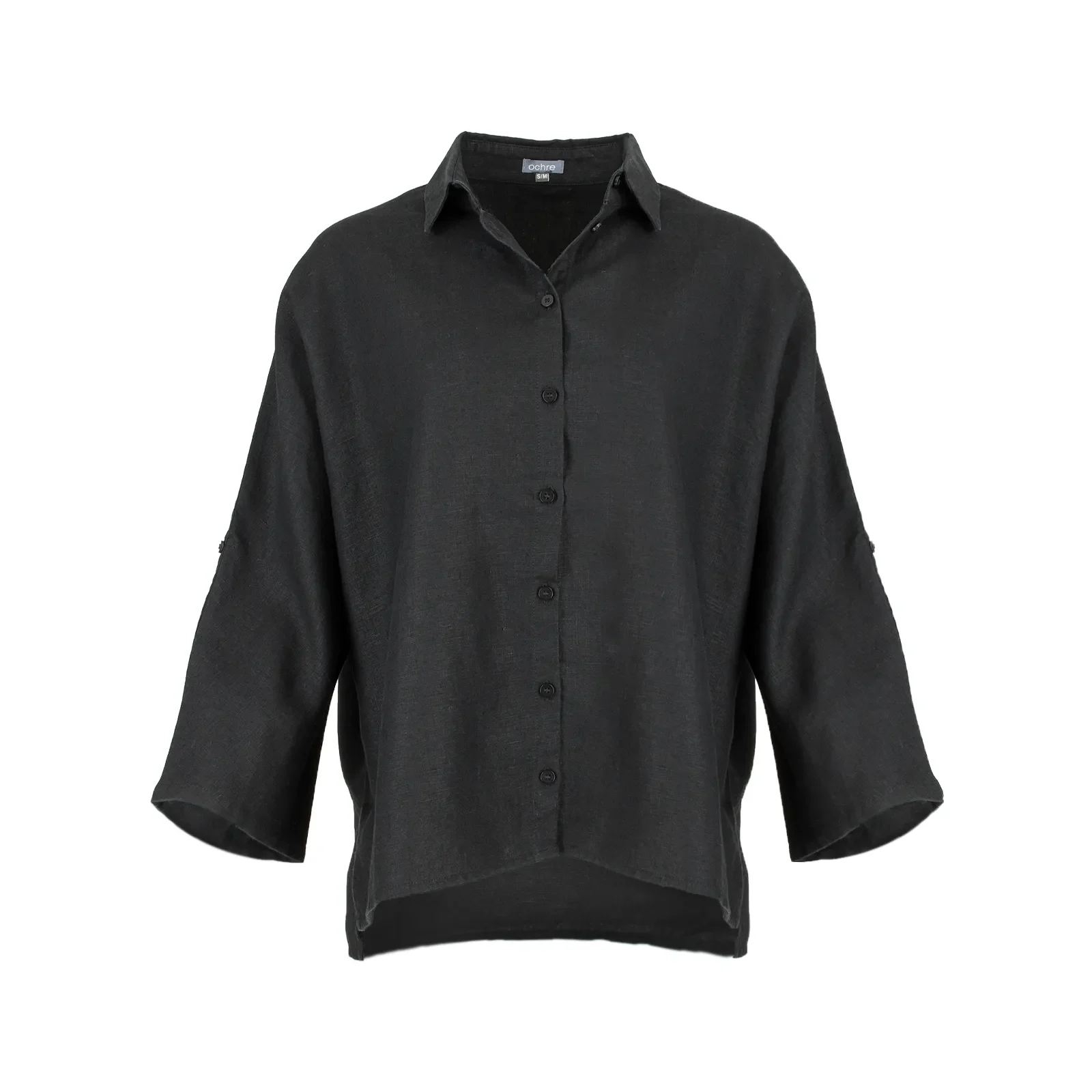 Linda-linen-shirt-black-front-view - Ochre Knitwear Linda linen shirt in black organic linen with button profile, collar and long sleeves