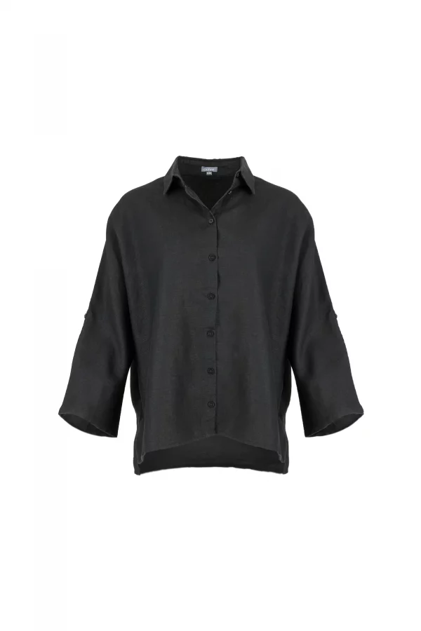 Linda-linen-shirt-black-front-view - Ochre Knitwear Linda linen shirt in black organic linen with button profile, collar and long sleeves