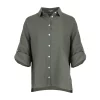 Linda-linen-shirt-fir-green-front-view - Ochre Knitwear Linda linen shirt in fir green colour, organic linen with button profile, collar and long sleeves