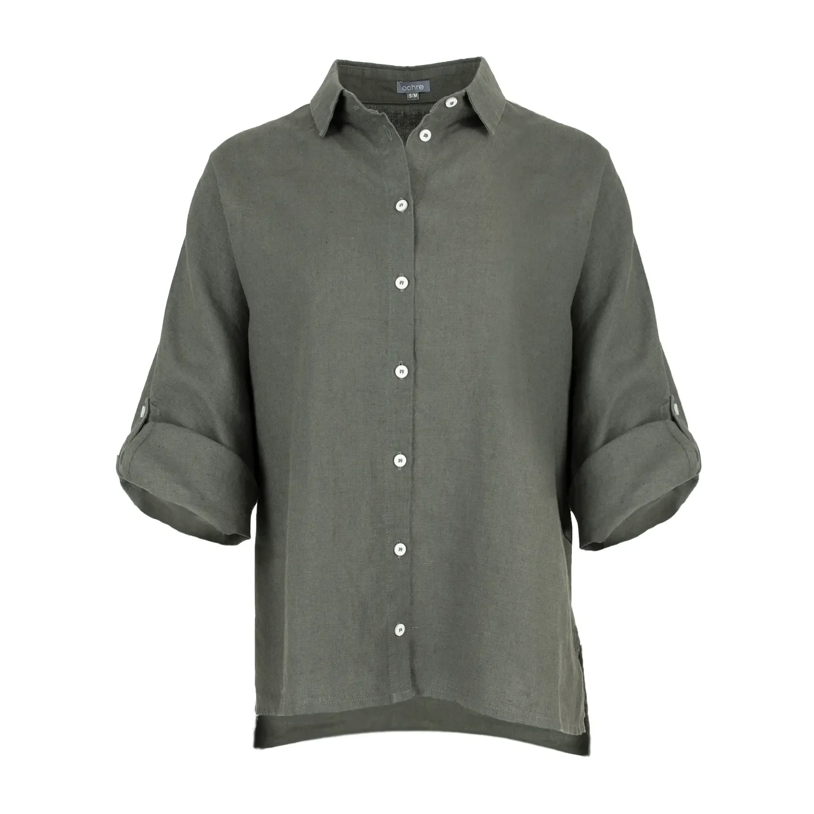 Linda-linen-shirt-fir-green-front-view - Ochre Knitwear Linda linen shirt in fir green colour, organic linen with button profile, collar and long sleeves
