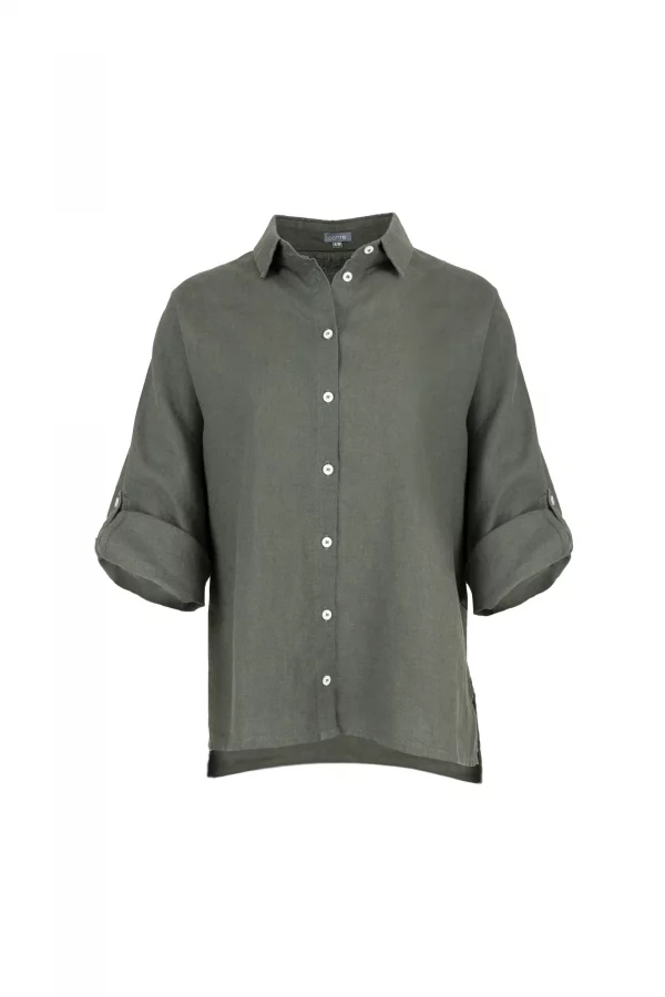 Linda-linen-shirt-fir-green-front-view - Ochre Knitwear Linda linen shirt in fir green colour, organic linen with button profile, collar and long sleeves