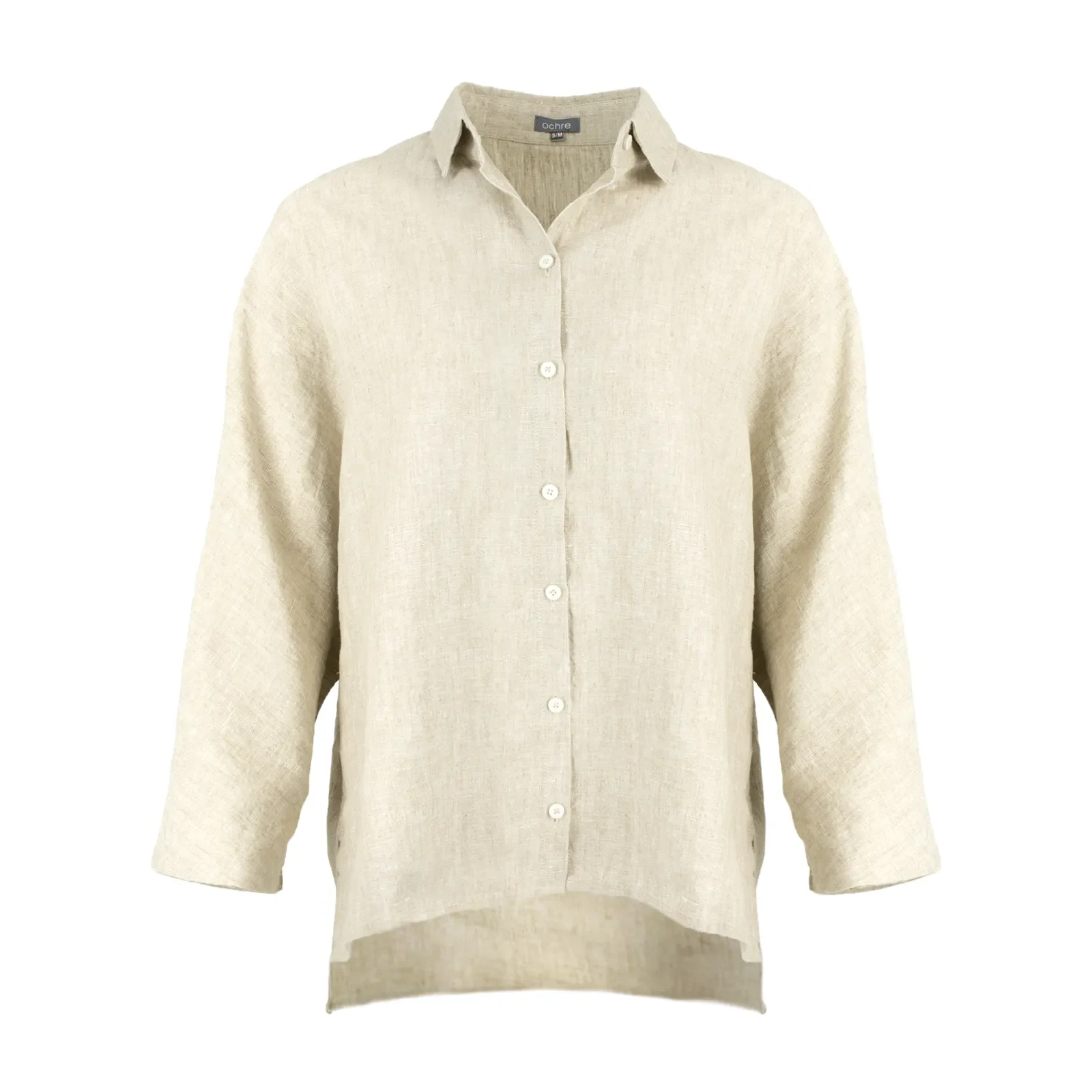 Linda-linen-shirt-natural-front-view - Ochre Knitwear linen shirt in natural colour, organic linen with button front, collar and long sleeves