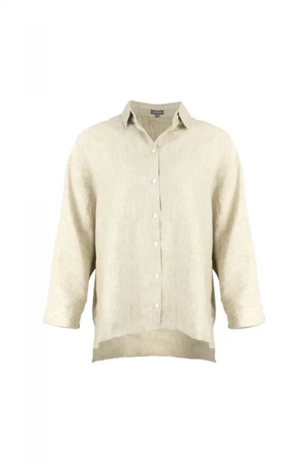 Linda-linen-shirt-natural-front-view - Ochre Knitwear linen shirt in natural colour, organic linen with button front, collar and long sleeves