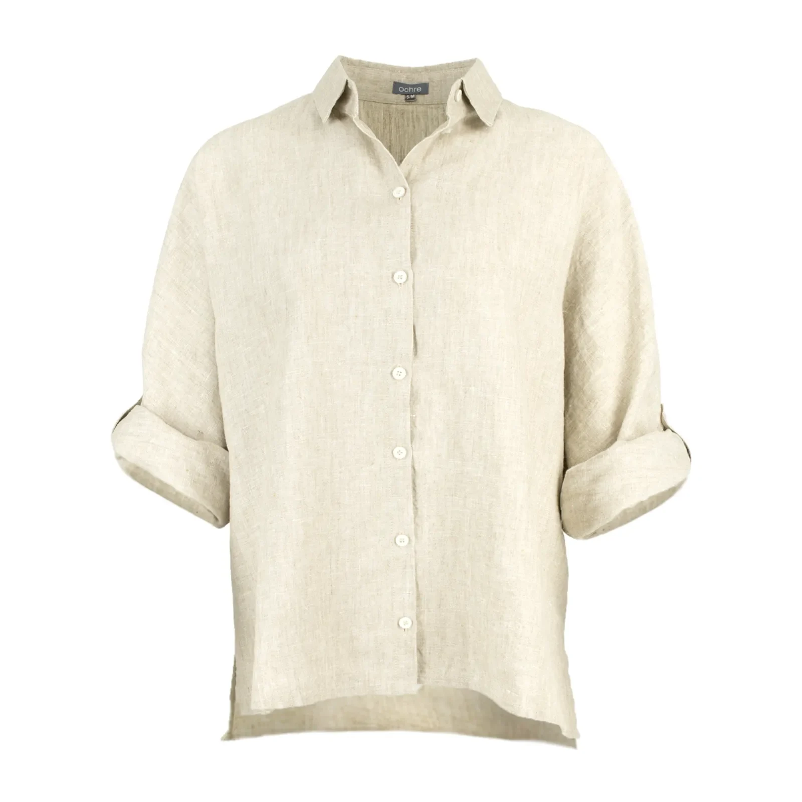Linda-linen-shirt-natural-front-view - Ochre Knitwear linen shirt in natural colour, organic linen with button front, collar and long sleeves