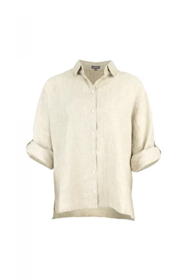 Linda-linen-shirt-natural-front-view - Ochre Knitwear linen shirt in natural colour, organic linen with button front, collar and long sleeves