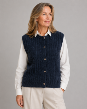 kid mohair buttoned vest in navy with round neckline, five-button front, vertical rib texture and soft brushed mohair blend, presented by woman wearing it