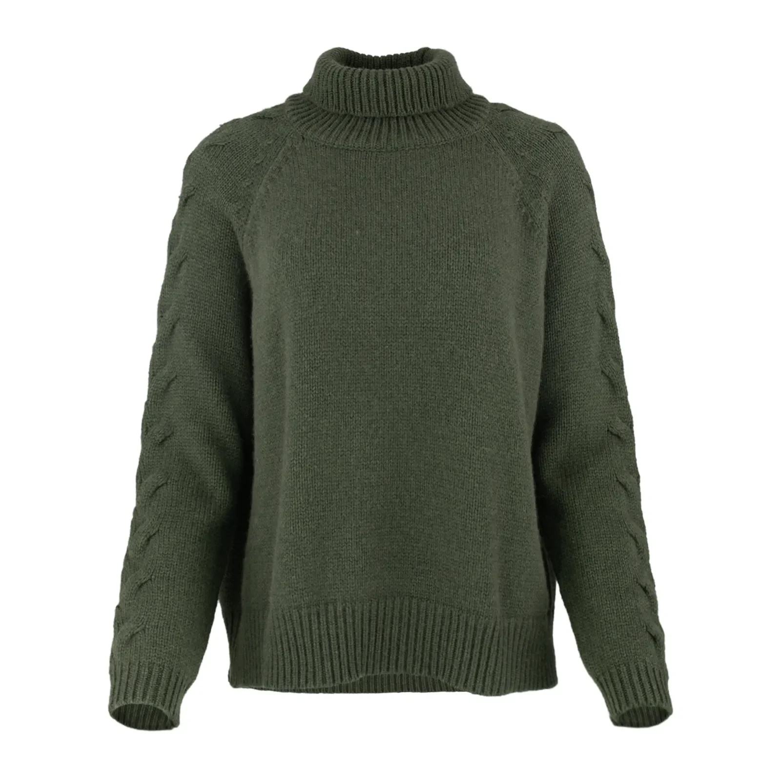 cable sleeve roll neck jumper with high ribbed collar, raised sleeve detail, deep ribbed hem and relaxed winter knit shape.