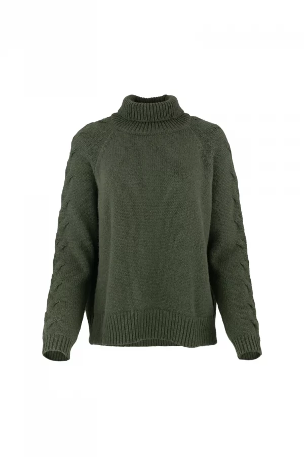 cable sleeve roll neck jumper with high ribbed collar, raised sleeve detail, deep ribbed hem and relaxed winter knit shape.