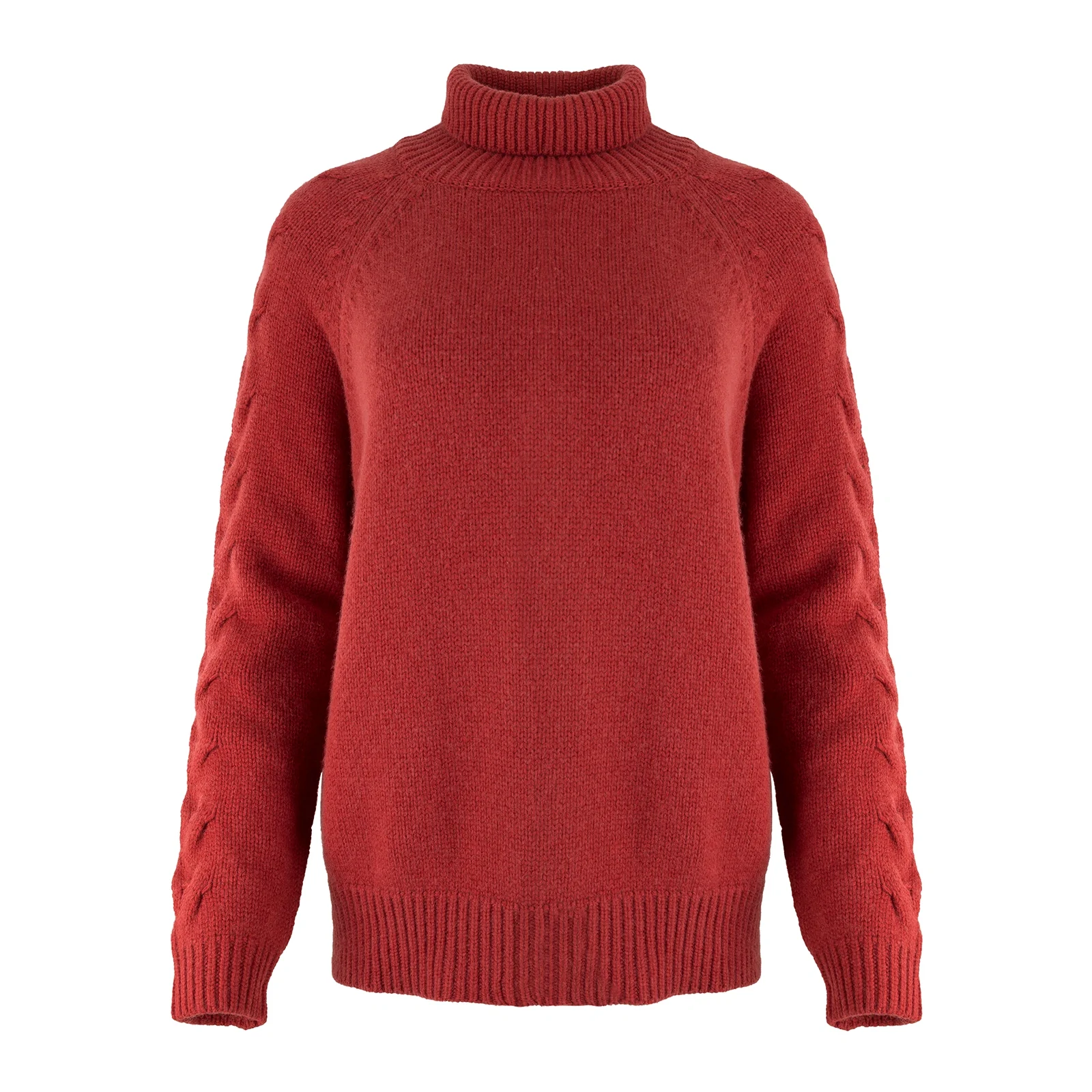 cable sleeve roll neck jumper with high ribbed collar, raised sleeve detail, deep ribbed hem and relaxed winter knit shape, in rust colour
