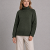 cable sleeve roll neck jumper with high ribbed collar, raised sleeve detail, deep ribbed hem and relaxed winter knit shape, presented by female model