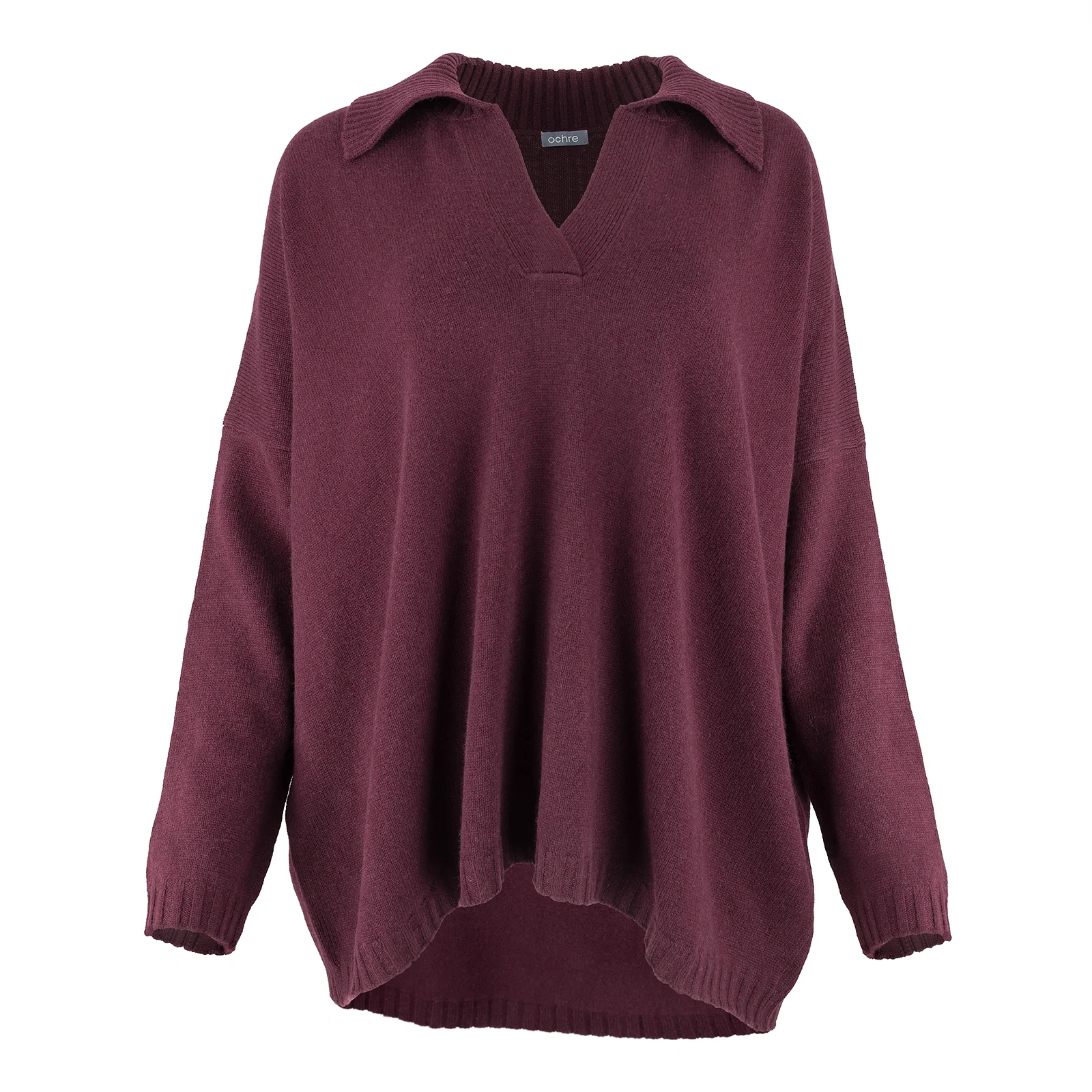froyo-collared-v-neck-jumper-burgundy-front-view - Ochre Knitwear collared V-Neck jumper with wide ribbed collar, dropped shoulders, open placket and curved ribbed hem, in burgundy colour