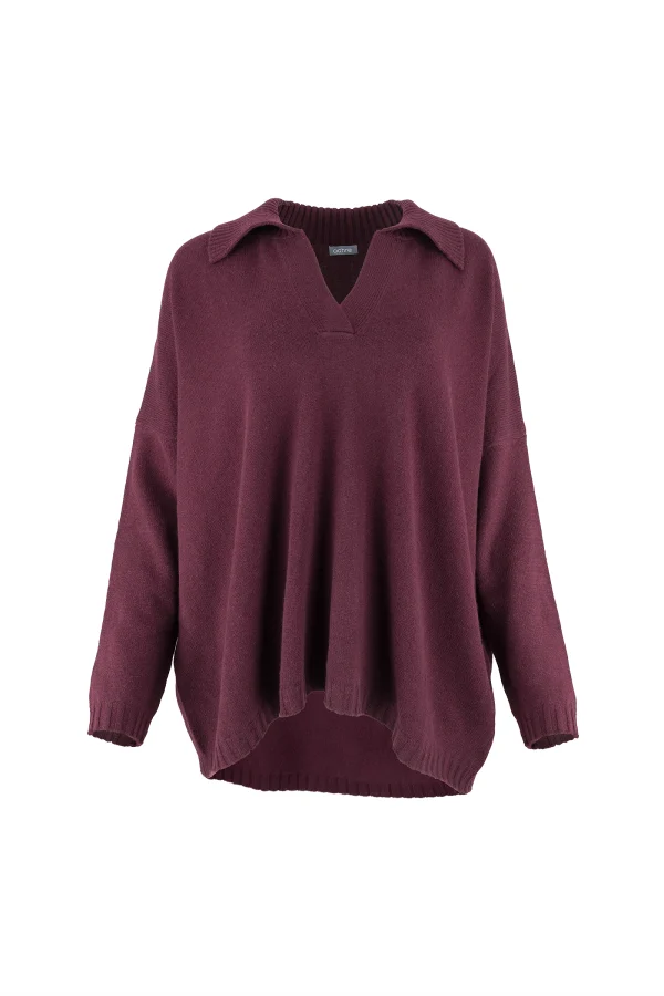 froyo-collared-v-neck-jumper-burgundy-front-view - Ochre Knitwear collared V-Neck jumper with wide ribbed collar, dropped shoulders, open placket and curved ribbed hem, in burgundy colour