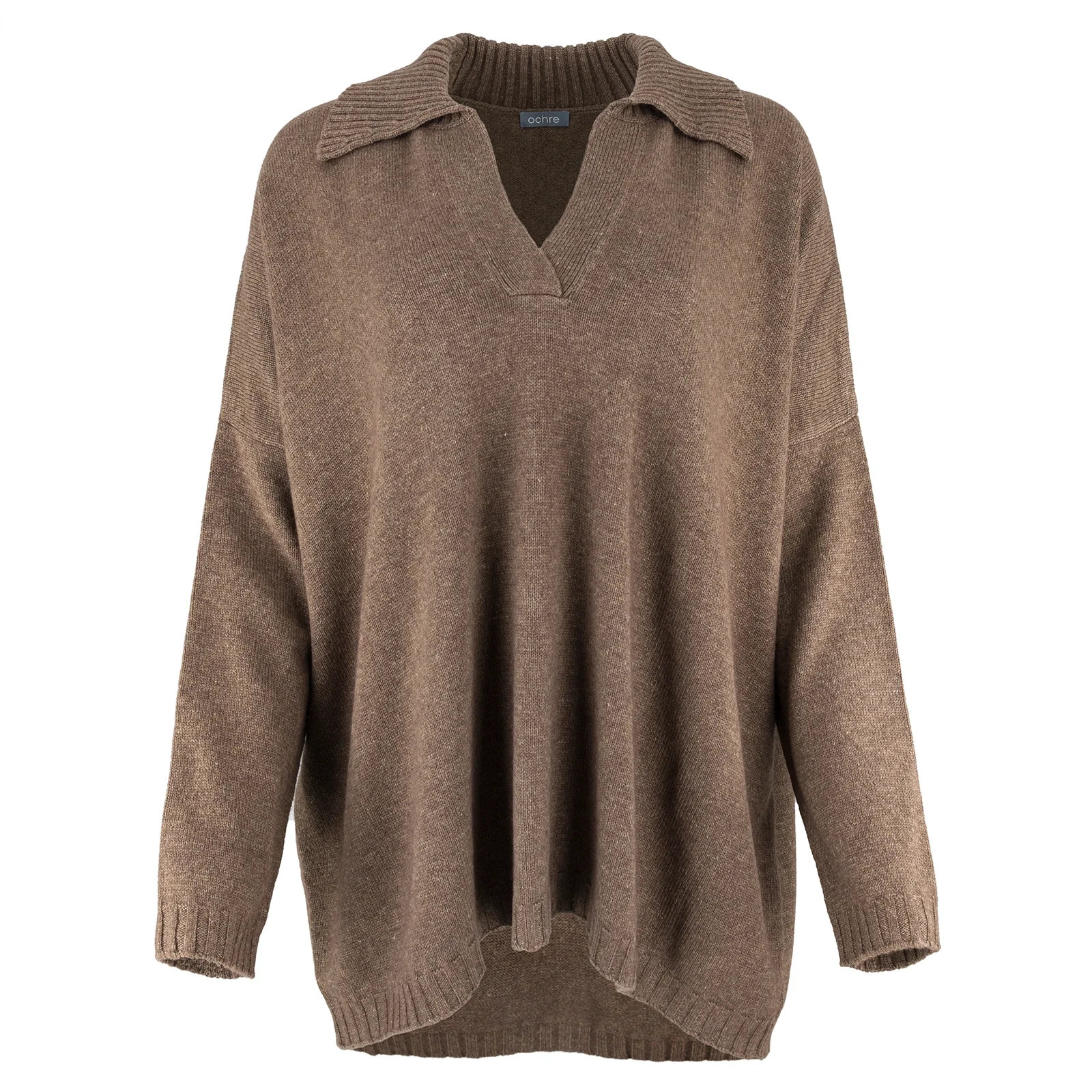 froyo-collared-v-neck-jumper-front-chestnut - Ochre Knitwear