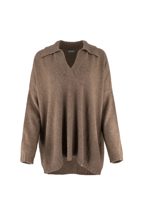 froyo-collared-v-neck-jumper-front-chestnut - Ochre Knitwear