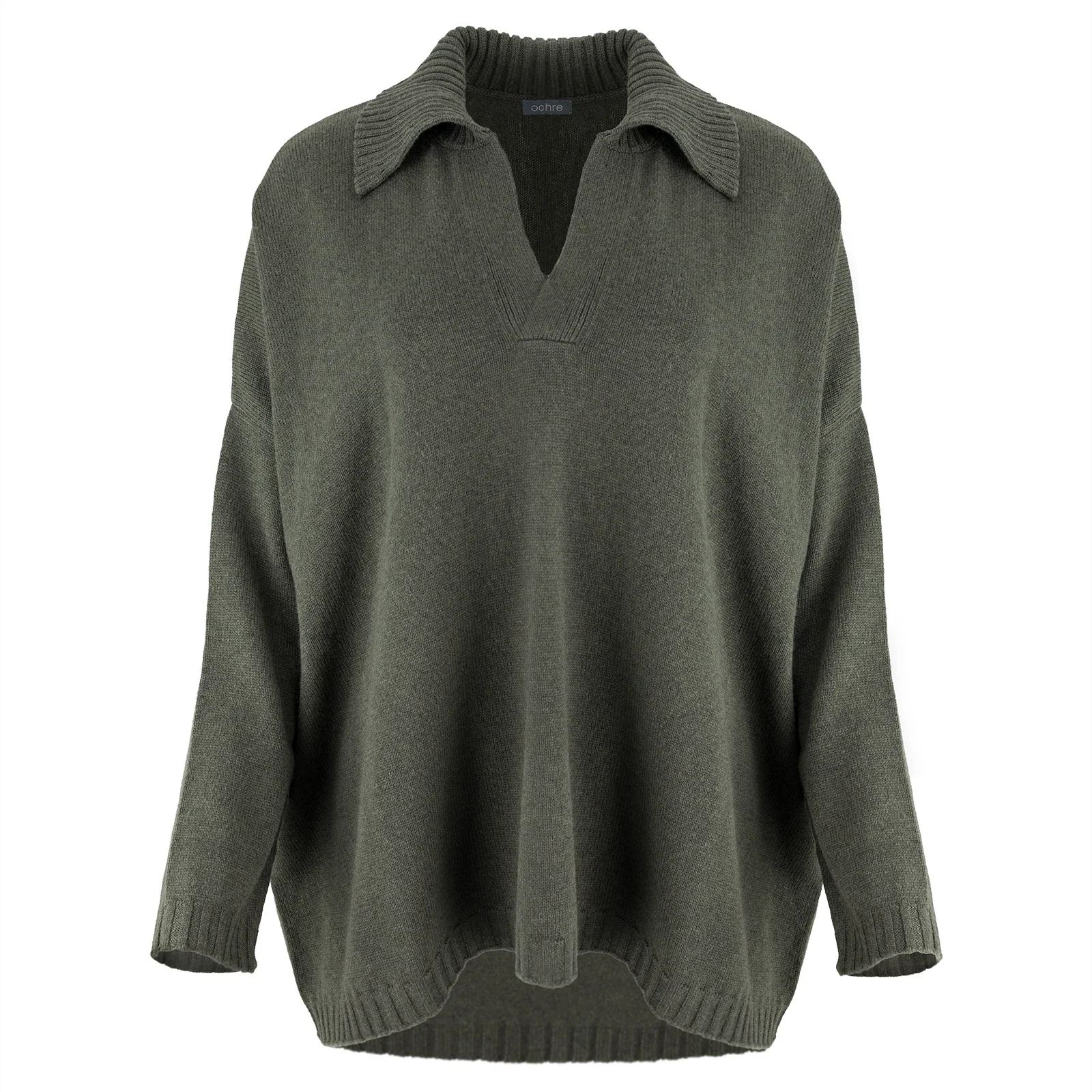 froyo-collared-v-neck-jumper-front-fir-green - Ochre Knitwear