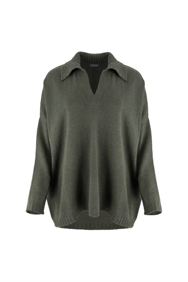 froyo-collared-v-neck-jumper-front-fir-green - Ochre Knitwear