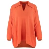 froyo-collared-v-neck-jumper-front-flame - Ochre Knitwear collared V-Neck jumper with wide ribbed collar, dropped shoulders, open placket and curved ribbed hem, in flame colour