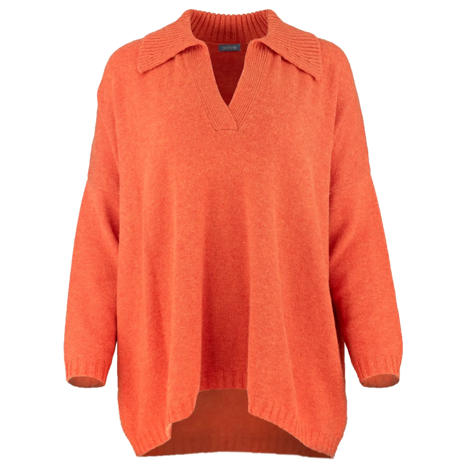 collared V-Neck jumper with wide ribbed collar, dropped shoulders, open placket and curved ribbed hem, in flame colour