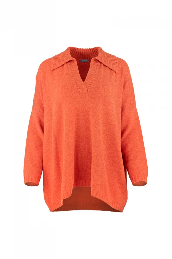 froyo-collared-v-neck-jumper-front-flame - Ochre Knitwear collared V-Neck jumper with wide ribbed collar, dropped shoulders, open placket and curved ribbed hem, in flame colour