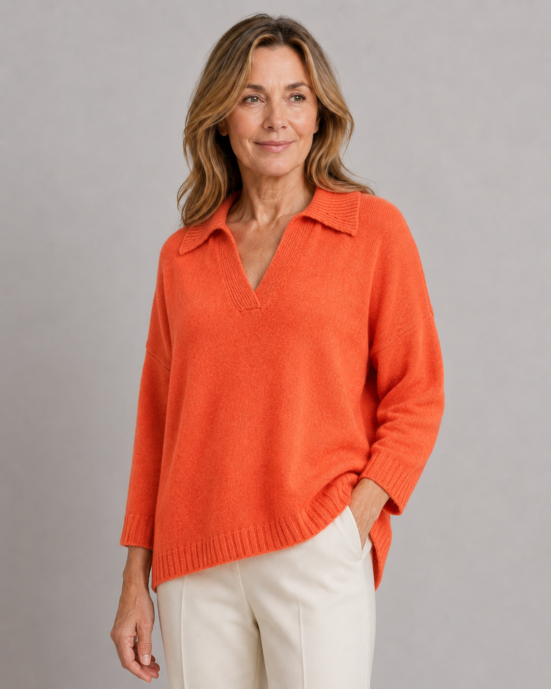 collared V-Neck jumper with wide ribbed collar, dropped shoulders, open placket and curved ribbed hem, in flame colour