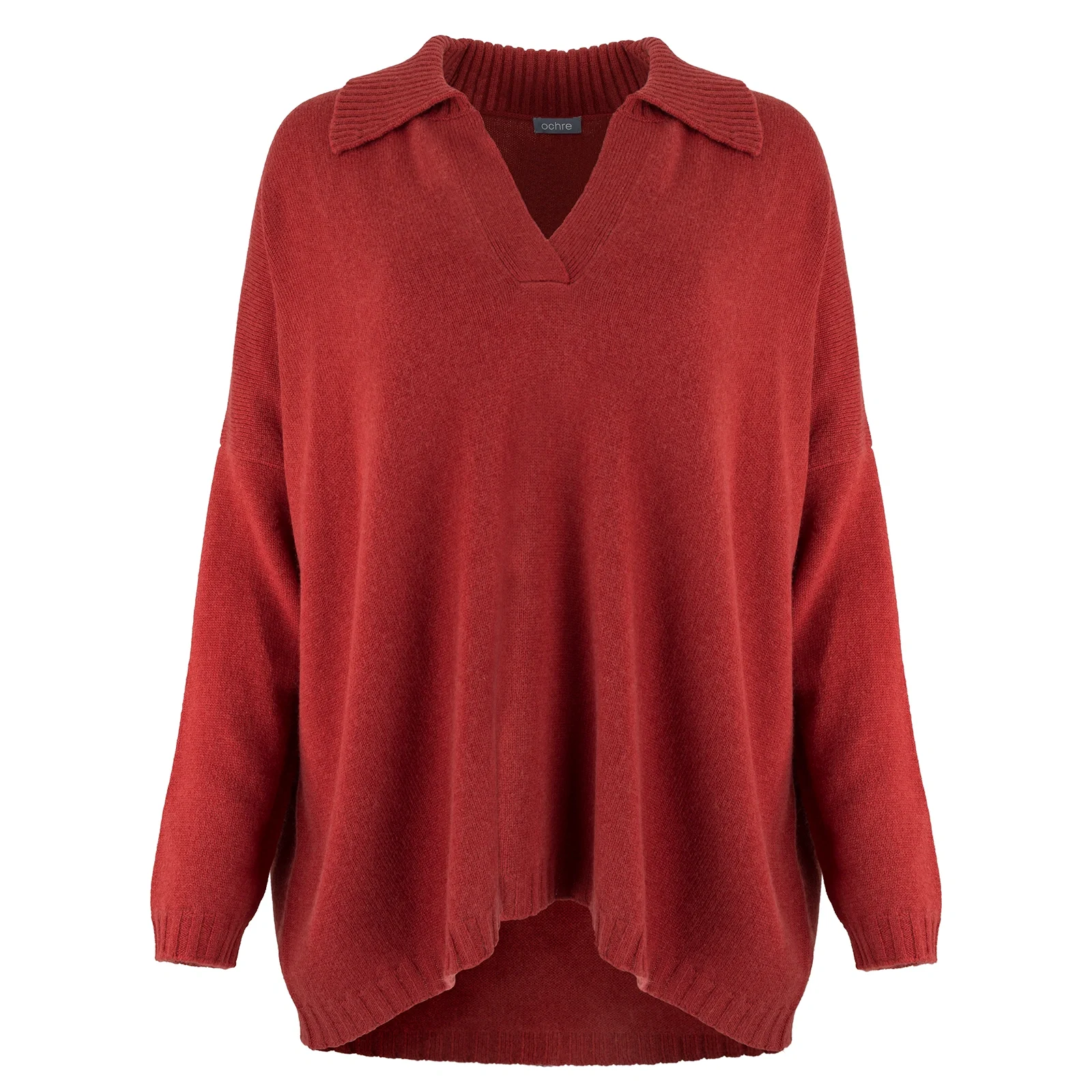 froyo-collared-v-neck-jumper-front-rust - Ochre Knitwear collared V-Neck jumper with wide ribbed collar, dropped shoulders, open placket and curved ribbed hem, in rust colour, front view