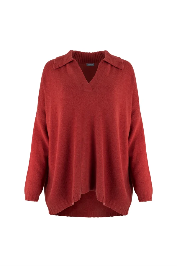 froyo-collared-v-neck-jumper-front-rust - Ochre Knitwear collared V-Neck jumper with wide ribbed collar, dropped shoulders, open placket and curved ribbed hem, in rust colour, front view