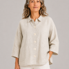 Iona-linen-shirt-jacket-natural-colour-front-view - Ochre Knitwear linen shirt jacket in 100% organic linen with six buttons, patch pockets, dropped shoulders and cropped boxy shape in natural colour, front view