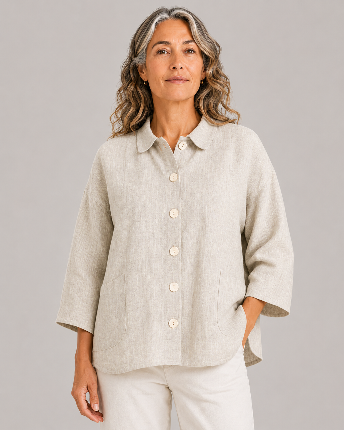 Iona-linen-shirt-jacket-natural-colour-front-view - Ochre Knitwear linen shirt jacket in 100% organic linen with six buttons, patch pockets, dropped shoulders and cropped boxy shape in natural colour, front view