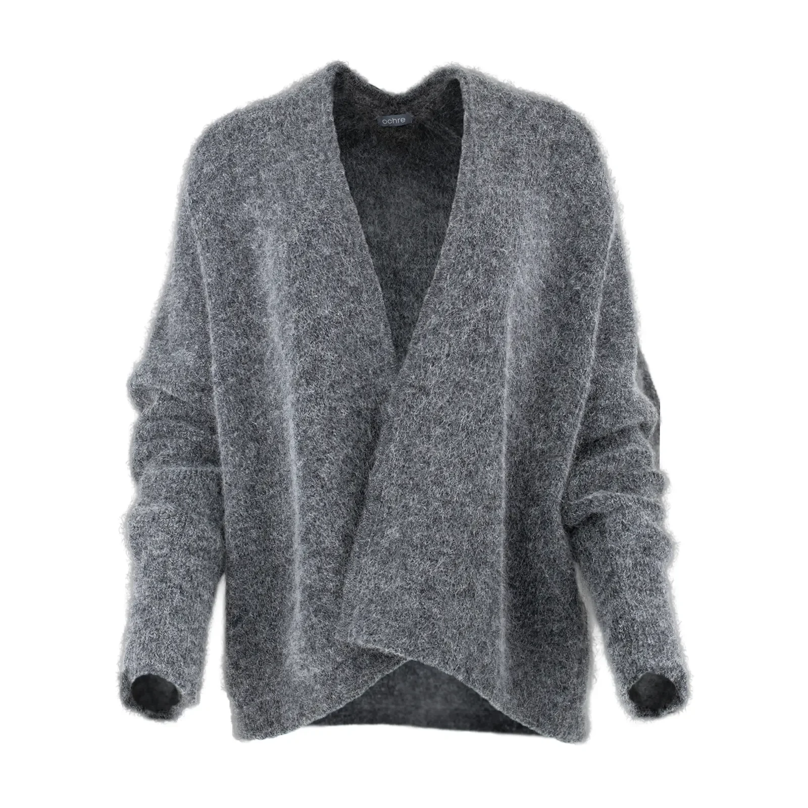 mercy-kid-mohair-cardigan-front - Ochre Knitwear kid mohair cardigan with relaxed drape, long sleeves and soft brushed mohair texture
