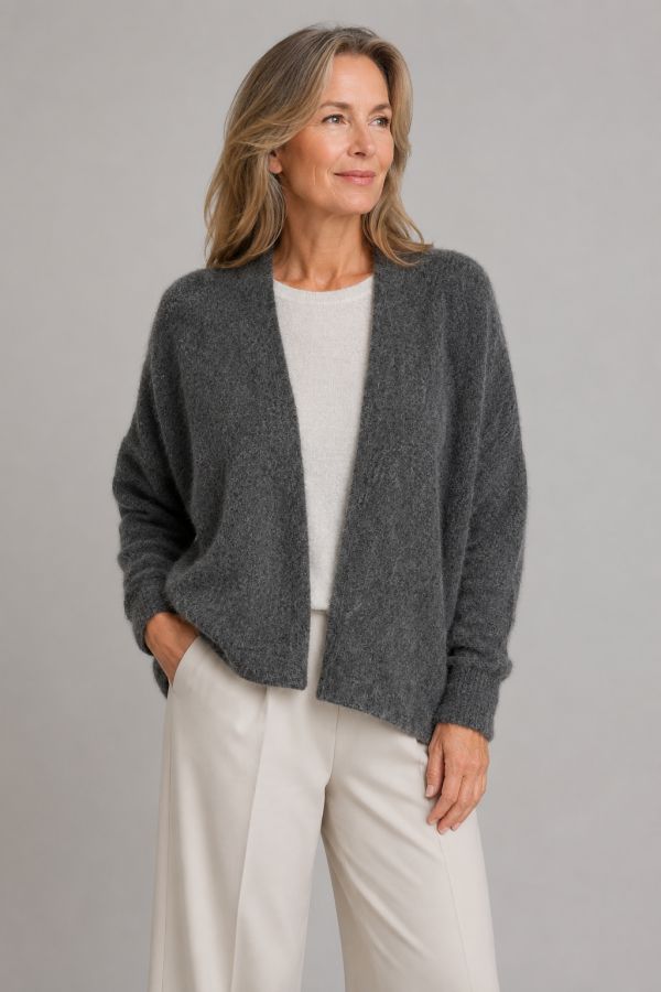 mercy-kid-mohair-cardigan-front-model - Ochre Knitwear kid mohair cardigan with relaxed drape, long sleeves and soft brushed mohair texture