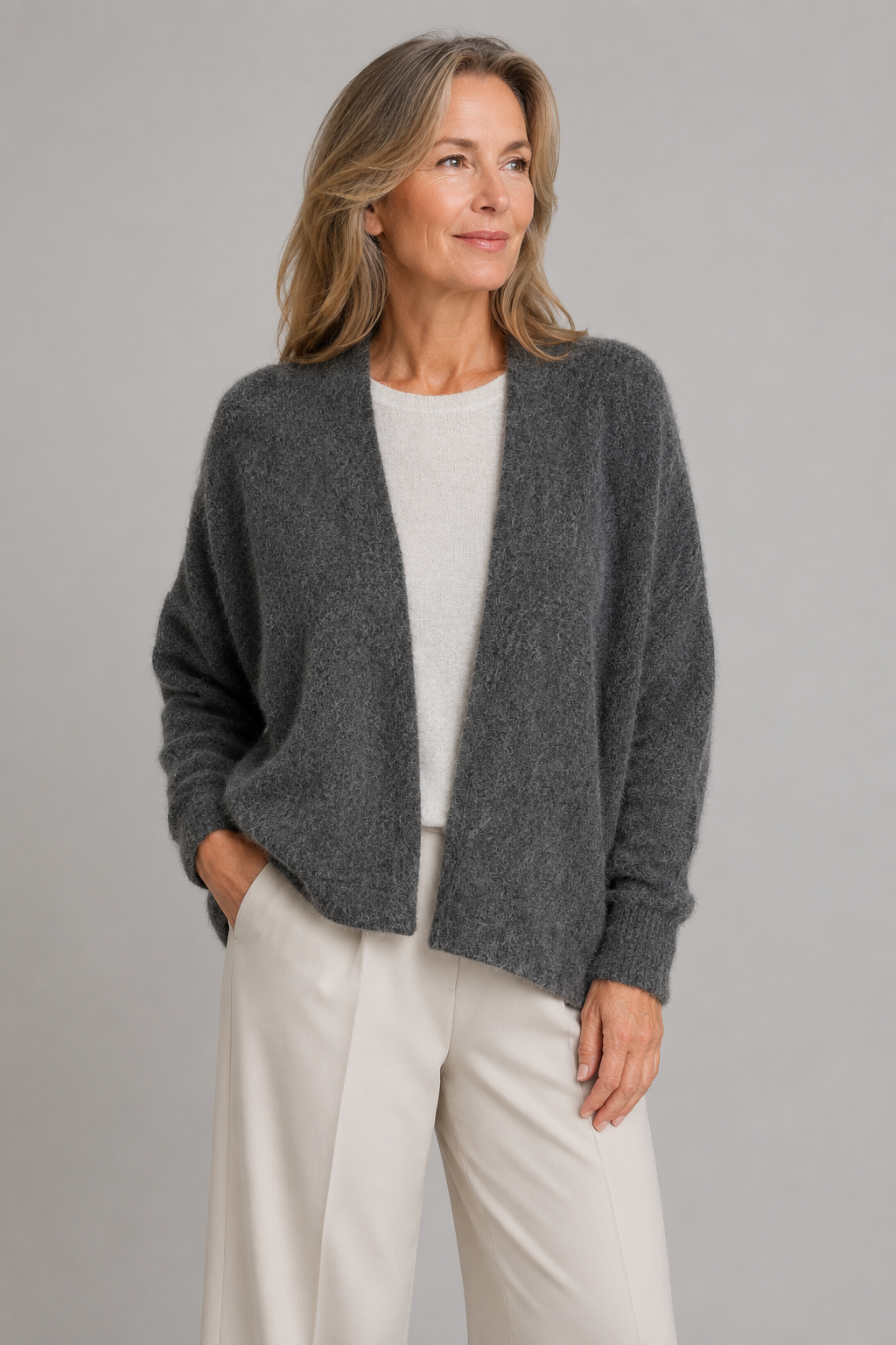 Model wearing the Ochre Mercy Kid Mohair Open Front Cardigan