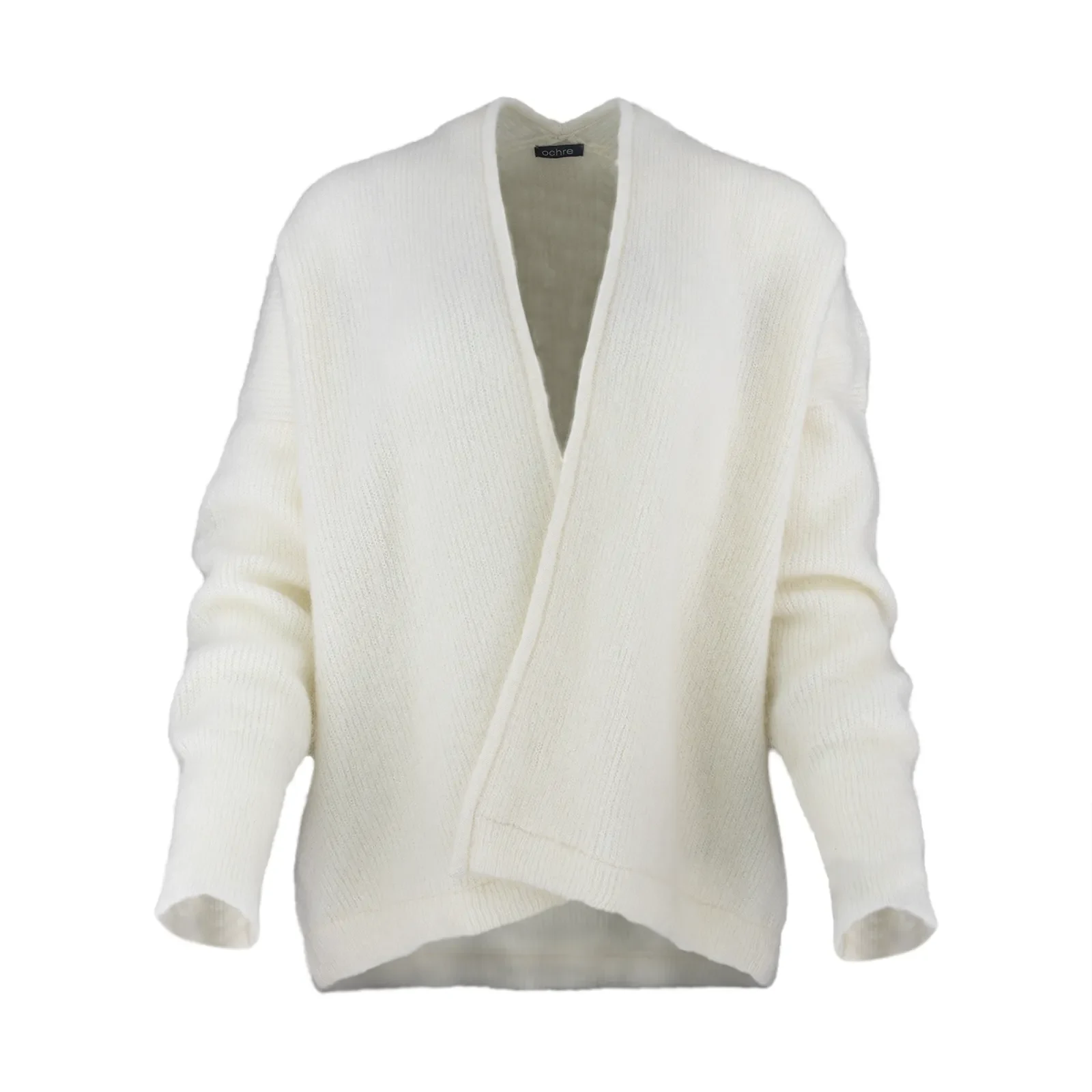 mercy-kid-mohair-cardigan-ivory-front - Ochre Knitwear kid mohair cardigan with relaxed drape, long sleeves and soft brushed mohair texture in ivory colour