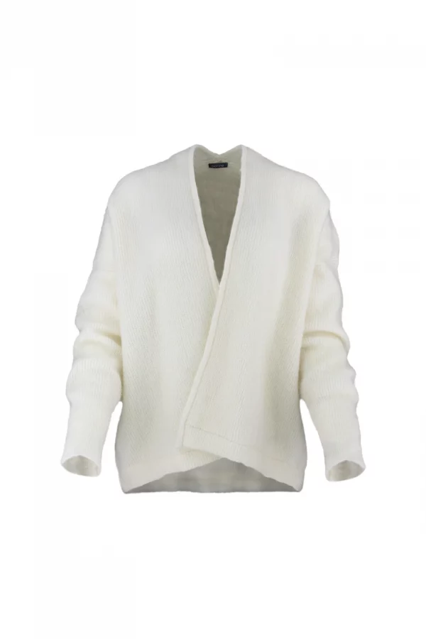 mercy-kid-mohair-cardigan-ivory-front - Ochre Knitwear kid mohair cardigan with relaxed drape, long sleeves and soft brushed mohair texture in ivory colour