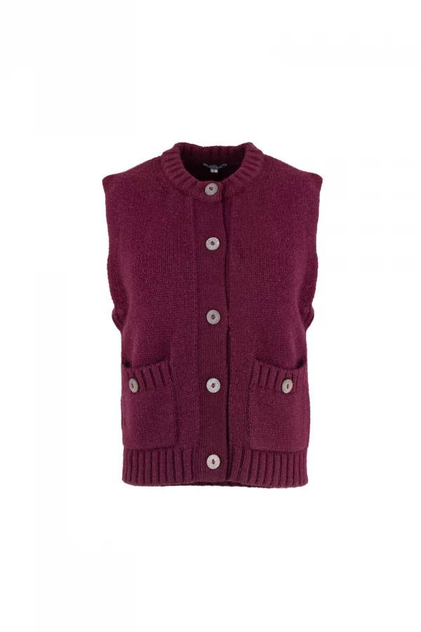 mina-sleeveless-buttoned-cardigan-burgundy-front - Ochre Knitwear