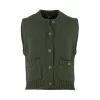 mina-sleeveless-buttoned-cardigan-front-fir-green - Ochre Knitwear sleeveless buttoned cardigan with round ribbed neckline, five front buttons, patch pockets and cropped sleeveless shape in fir green colour