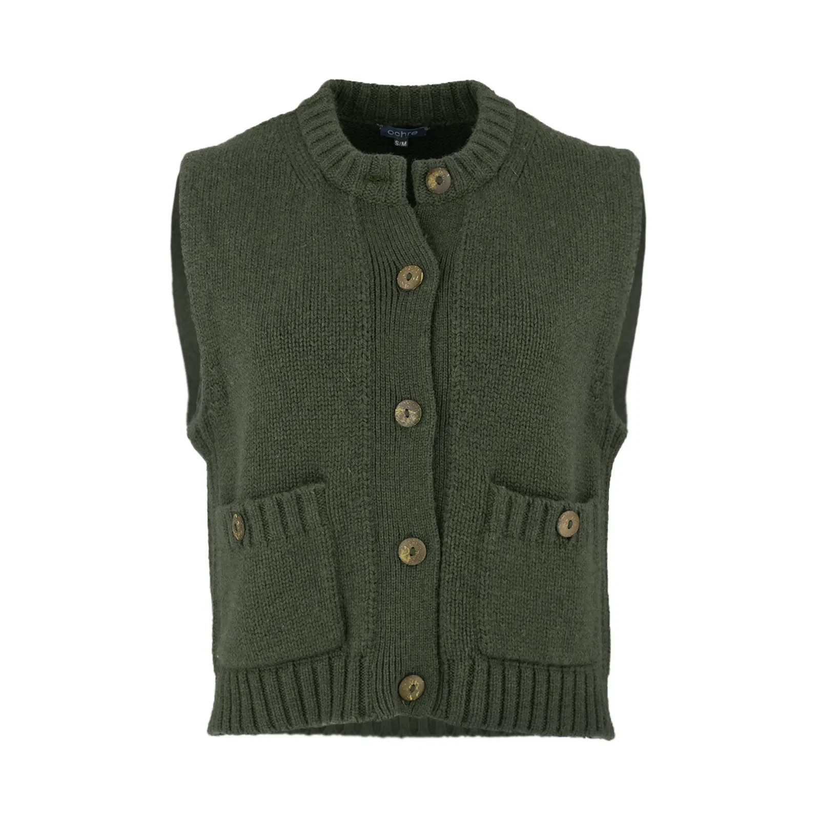 sleeveless buttoned cardigan with round ribbed neckline, five front buttons, patch pockets and cropped sleeveless shape in fir green colour