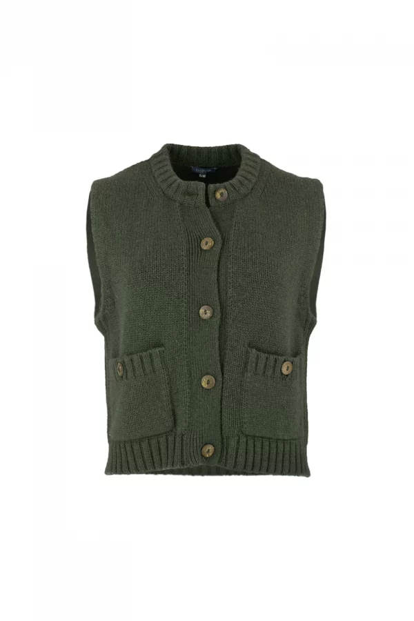 mina-sleeveless-buttoned-cardigan-front-fir-green - Ochre Knitwear sleeveless buttoned cardigan with round ribbed neckline, five front buttons, patch pockets and cropped sleeveless shape in fir green colour