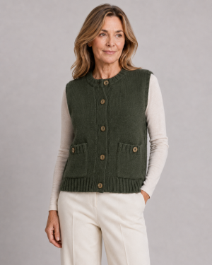 sleeveless buttoned cardigan with round ribbed neckline, five front buttons, patch pockets and cropped sleeveless shape in fir green colour