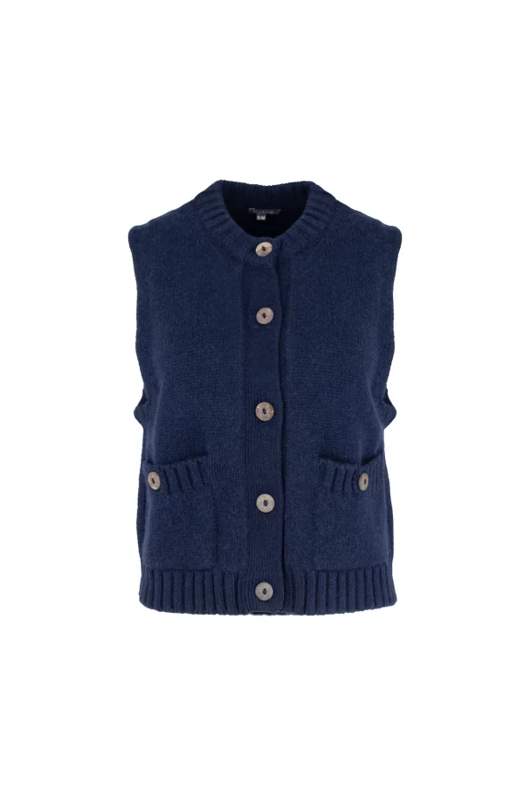 mina-sleeveless-buttoned-cardigan-navy-front - Ochre Knitwear