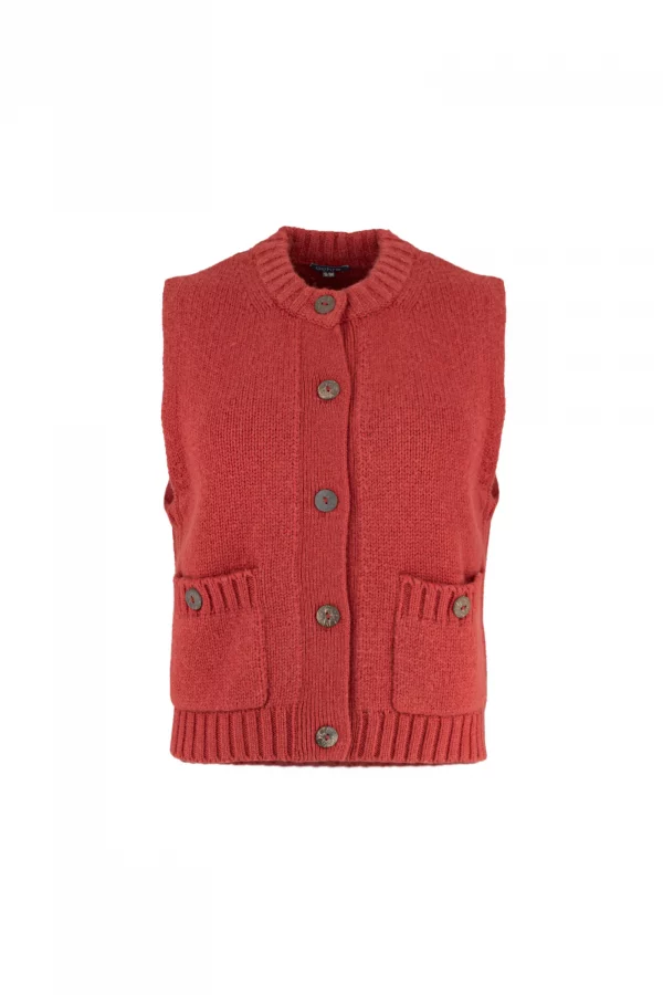 mina-sleeveless-buttoned-cardigan-rust-front - Ochre Knitwear