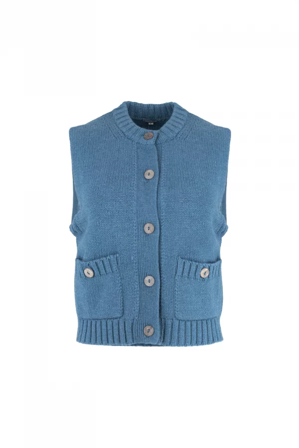mina-sleeveless-buttoned-cardigan-teal-marl-front - Ochre Knitwear